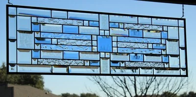 Blue, clear, beveled stained glass window hanging made to order  35.58x11.5 - Image 1 of 4