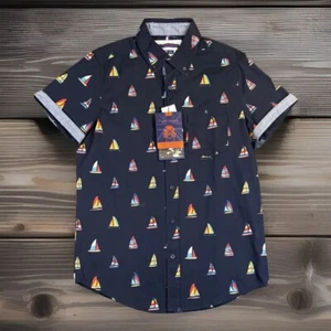 English Laundry Shirt Men’s Small Navy Blue Short Sleeve Button Front Sailboats - Picture 1 of 13