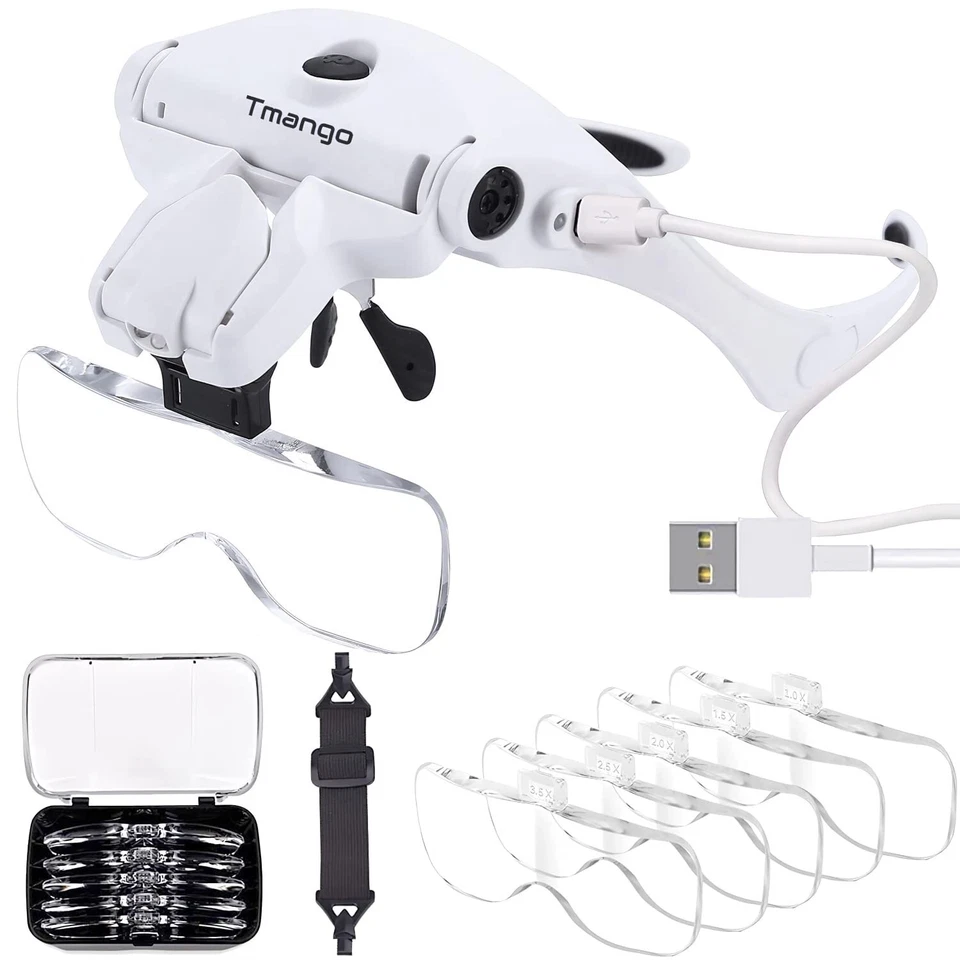 Head Mount Magnifier With LED Lights Rechargeable Headset Magnifying Glasses