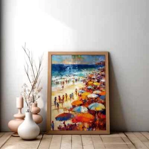Beach With People Painting Wall Art Poster Premium Quality Choose your Size - Picture 1 of 3