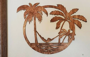Elegant Beach Scene with Palm trees, Wood plaque sign, Home decor - Picture 1 of 3