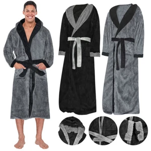 Men Winter Warm Hooded Long Dressing Gown Coat Bathrobe Towelling Bath Robe UK - Picture 1 of 24
