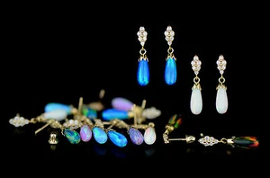 14k-Yellow Gold Dangle Opal Cz Stud Earrings / Screw Back - Picture 1 of 12