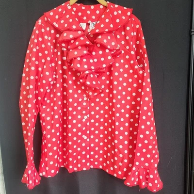 Vintage 70s Red & White Polka Dot Ruffle Blouse Top Long Sleeve Retro Disco - Image 1 of 4