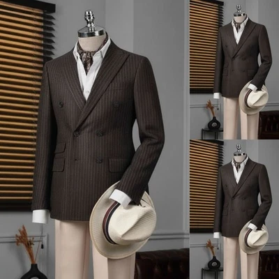 Trajes de hombre a rayas marrones doble botonadura formal negocios esmoquin ropa de trabajo chaqueta Foto 1 de 4