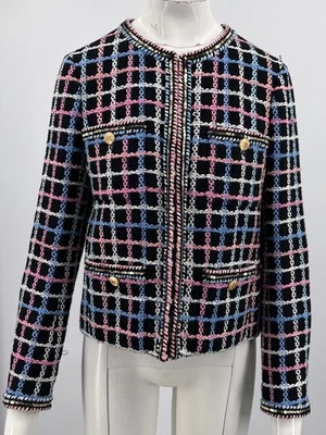 Blazer Chanel Primavera 2022 RTW Negro/Multicolor Tweed a Cuadros Logo CC Botón talla 40 Foto 1 de 4