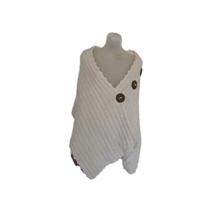 Pure HandKnit Womens BEIGE 3 Big Buttons Wrap Shawl Poncho Scarf Cape One Size - Picture 1 of 7