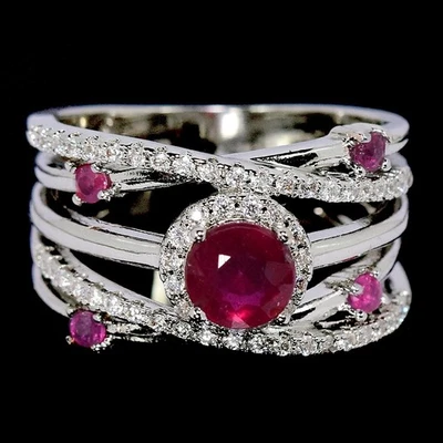 GENUINE AAA BLOOD RED RUBY ROUND & WHITE CZ STERLING 925 SILVER RING SIZE 8 - Image 1 of 4