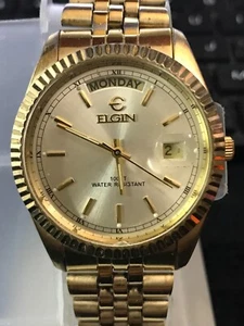 Elgin Presidential 37mm Large Day/Date Golden Quartz Men's Watch, RUN (Lot2414) - Picture 1 of 12