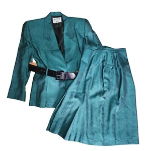 KASPER for A.S.L. Solid All Green Belted Blazer Skirt Suit Set Womens Size 6 - Picture 1 of 10