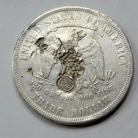 1877 P $1 Trade Silver Dollar VF/XF with Chopmarks Interesting Chops Nice *D201 Cover
