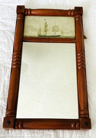 Antique 19th Century Pier Tabernacle Mirror w/Nautical Clipper Ship & Whale Pic Cover