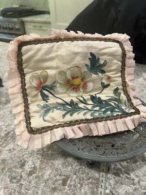 Vtg Hanky Holder Pink Satin Hand painted Flowers Victorian Display Piece - Image 1 of 4