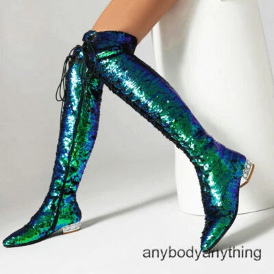 Mujeres Brillo Lentejuelas Punta Botas Tacones en Bloque Hasta la Rodilla Escenario Fiesta Zapatos Foto 1 de 4