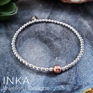 925 Sterling Silver Beaded Stacker Bracelet With Large Rose Gold Bead By INKA  - Picture 1 of 8