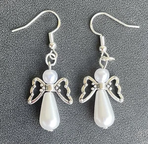 Christmas Angel Faux Pearl Dangle Drop Earrings .925 Sterling Silver Ear Hooks - Picture 1 of 6