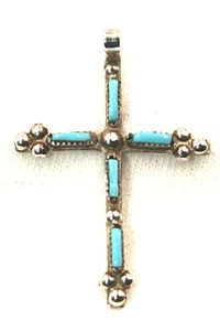 Ciondolo croce turchese punto ago argento sterling made Zuni nativi americani - Foto 1 di 3