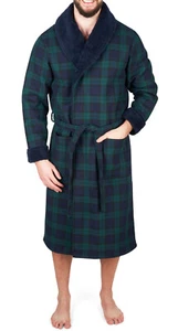  Men's Warm Fleece and Cotton Bonded Robe, Navy & Green Plaid (sizes available) - Picture 1 of 3