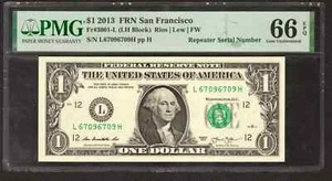 2013 $1 FEDERAL RESERVE NOTE SAN FRANCISCO REPEATER SERIAL PMG GEM 66 EPQ (709H - Picture 1 of 2
