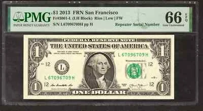 2013 $1 FEDERAL RESERVE NOTE SAN FRANCISCO REPEATER SERIAL PMG GEM 66 EPQ (709H - Image 1 of 2