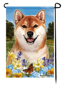 Summer Flowers Garden Flag - Red and White Shiba Inu - Picture 1 of 1