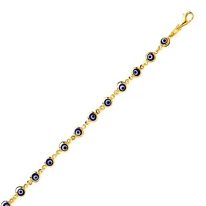 14K Solid Yellow Gold Blue Evil Eye Bracelet - Good Luck Charm Chain Link Women - Picture 1 of 2