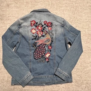 Chaqueta vaquera bordada Driftwood Geena pavo real floral lavado claro para mujer L - Imagen 1 de 10