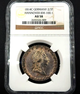 Clausthal ⅔ Thaler 1814 C George III Kingdom of Hannover Germany AU58 NGC Silver - Picture 1 of 4