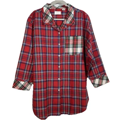 VTG Go Softly 100% Cotton Tartan Plaid Pajama Shirt Long Sleeve Button Up Lounge - Image 1 of 4