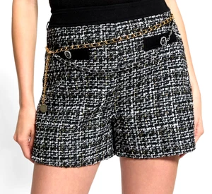 GUESS Dressy Tweed Shorts Hot Pants Chains High Rise Faux Pocket Lined Blk S - Picture 1 of 10