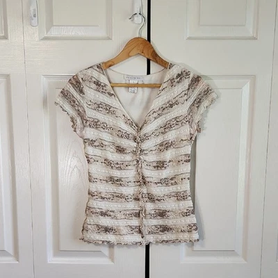 Pursuits Ltd Womens Lace Overlay Top Size SM Y2K Cottage Fairy Neutral V-Neck - Image 1 of 4
