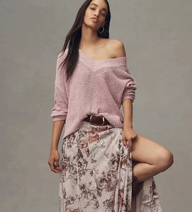Pilcro Women’s Pastel Pink Slouchy V-Neck Sweater Anthropologie Oversized Small - Picture 1 of 9