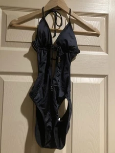 Y2K BILLABONG BLACK W/SILVER STARS MONOKINI ONE PIECE SWIMSUIT BATHING SUIT SZ M - Picture 1 of 4