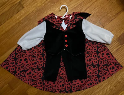 Vampire Halloween Costume with Cape Bow Tie red black skulls 12 Months Miniwear - Image 1 of 4