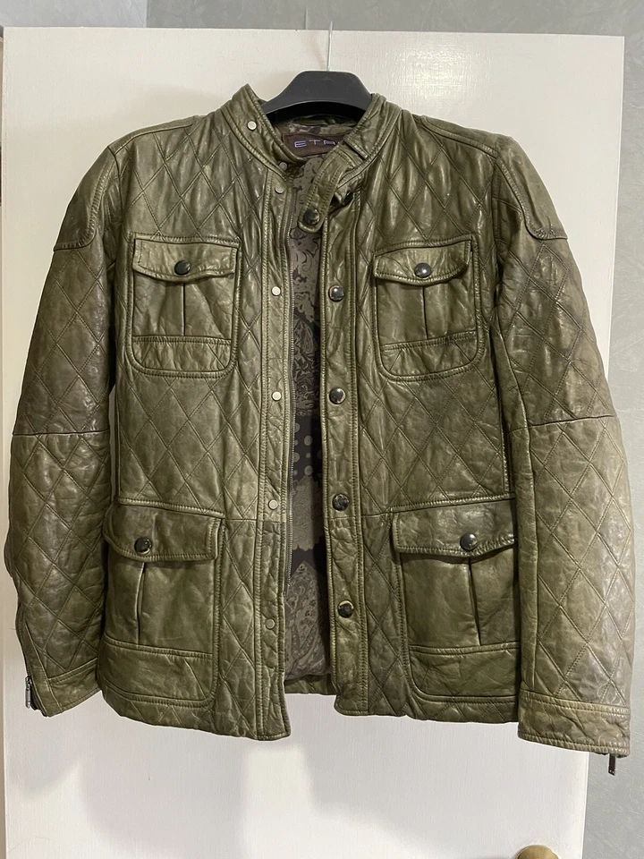 Etro 橄榄单调绿色绗缝皮革机车夹克尺寸 M. 40 英寸胸部。 — 第 1/4 张图片