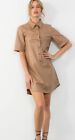 New THML Camel Button  Up Vegan Faux Leather Short Dress Short Sleeve Sz Small