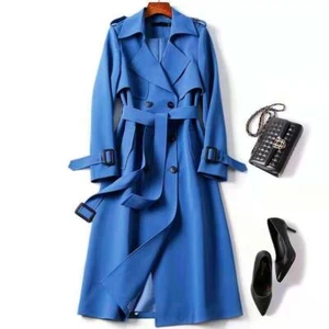 Women's Double Breasted Long Trench Coat Windproof Classic Lapel Belted Overcoat - Picture 1 of 24