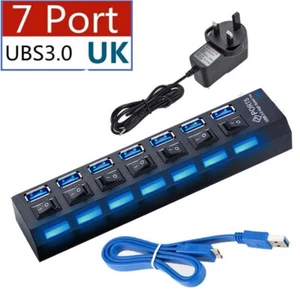 High Speed 7 Ports USB 3.0 HUB Power Splitter Extender Cable And UK Plug Adapter - Picture 1 of 10