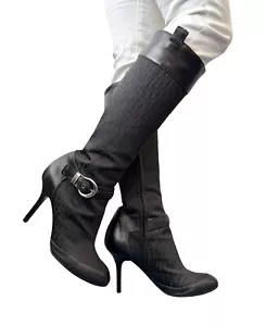 Dior Vintage Trotter Monogram Long Boots Heels #38,5 Schwarz Silber Canvas - Bild 1 von 16