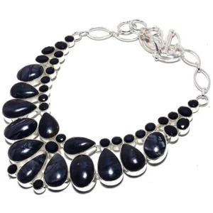 925 Silver Piccaso Jasper Stone Black Onyx Channel Set Chain Necklace Jewelry - Picture 1 of 7