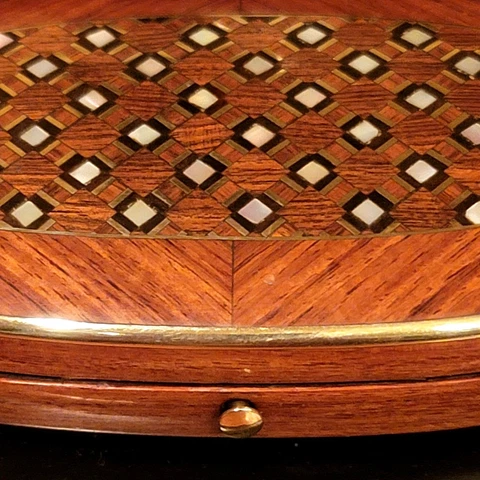 Antique French Napoleon 111, Oval MOP Marquetry, Sterling Sewing Set, Etui Box Cover
