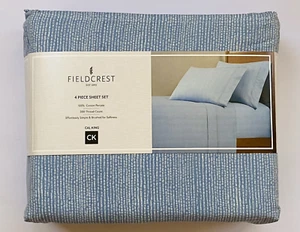 FIELDCREST CAL KING Sheet Set COTTON Percale 300TC Deep Fitted Blue White Stripe - Picture 1 of 6