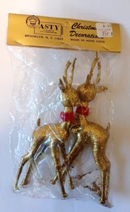 Vtg 1960s MCM Hard Plastic Gold Glitter 6” Xmas Reindeer Bucks w Bell Pair NRFP - Picture 1 of 7