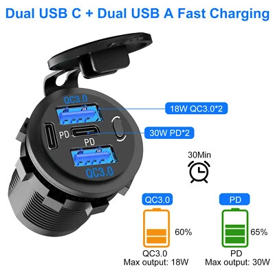 12V Dual USB Car Charger Socket QC3.0 & PD Fast Charging Outlet for Car Boat RV - Image 1 of 4