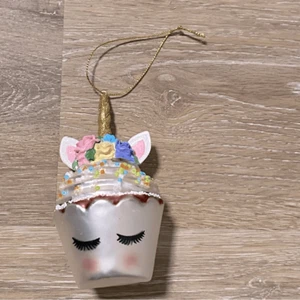White Unicorn Face CupCake sprinkle Christmas holiday Ornament Blown Glass 4.5” - Picture 1 of 8