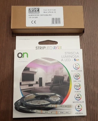 Striscia led 12v 5050 60led/m 14,4w/m rgb ip65 + alimentatore 12V 60W - Immagine 1 di 2