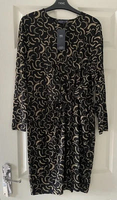 BNWT M&S Collection Black Brown Knee Length Long Sleeve Stretching Dress size 16 - Image 1 of 4
