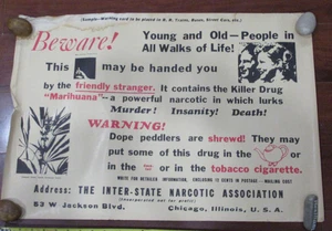 Vintage Anti Marijuana Poster Beware Marihuana Propaganda 53x71cm Chicago - Picture 1 of 6