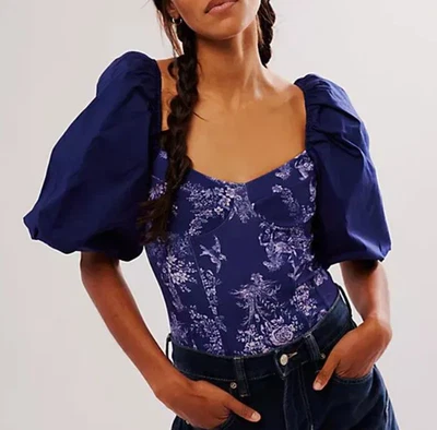 FREE PEOPLE INTIMATELY BLUE PRAIRIE ROSE TOILE PRINT CORSET BODYSUIT TOP SZ L - Image 1 of 4