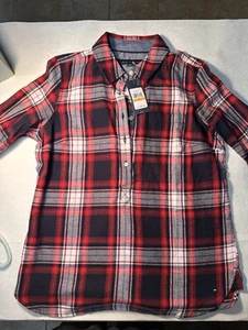 Tommy Hilfiger Flannel Shirt Womens Size Small Red Blue Plaid Button Up Roll Tab - Picture 1 of 6